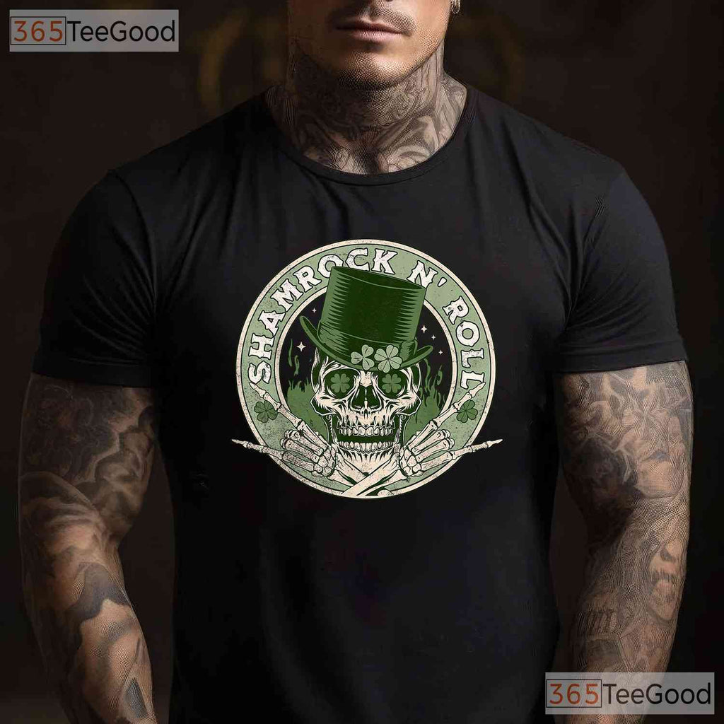 Shamrock And Roll Skull Rocker St Patricks Day T-Shirt Edgy Music Lover Tee