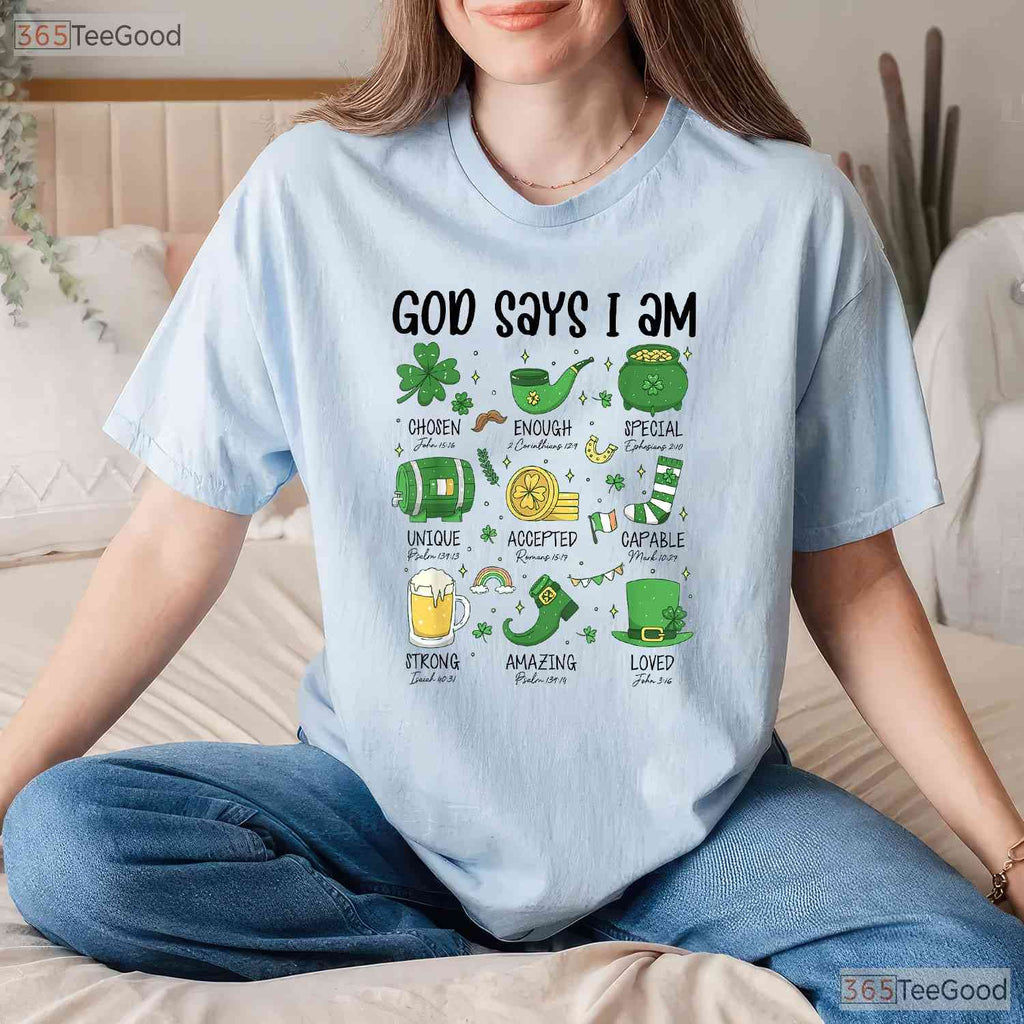 God Says I Am Irish Christian St Patricks Day T-Shirt Religious Kids Tee