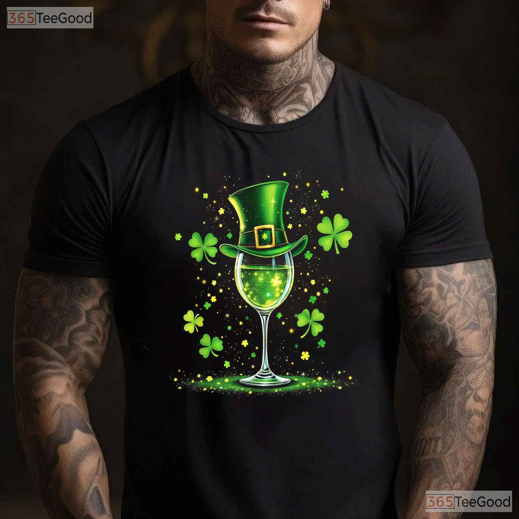 Irish Shamrock Wine Glass St Patricks Day T-Shirt Funny Drinking Women Tee