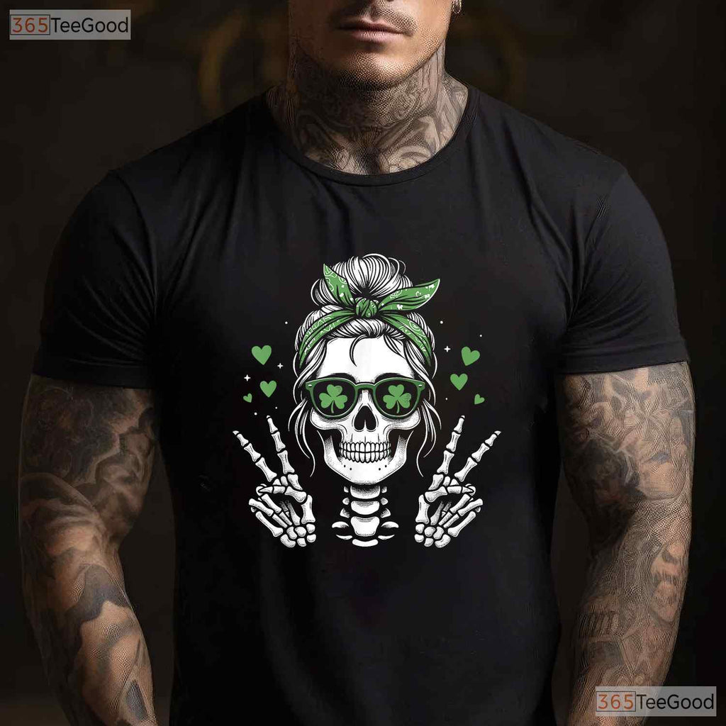 Skull Messy Bun Peace Sign St Patricks Day T-Shirt Edgy Women Irish Tee