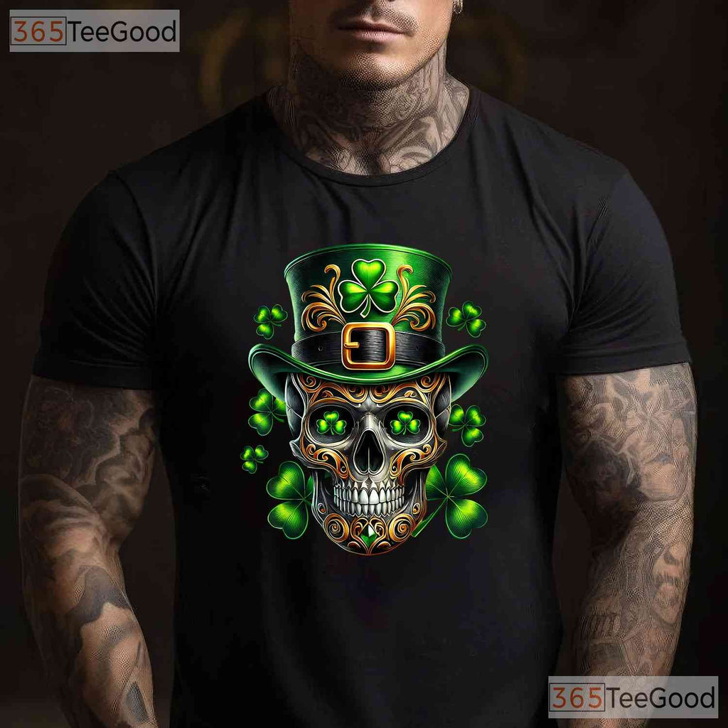 Irish Skull Shamrock Leprechaun St Patricks Day T-Shirt Edgy Men Biker Tee
