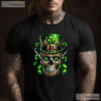 Irish Skull Shamrock Leprechaun St Patricks Day T-Shirt Edgy Men Biker Tee