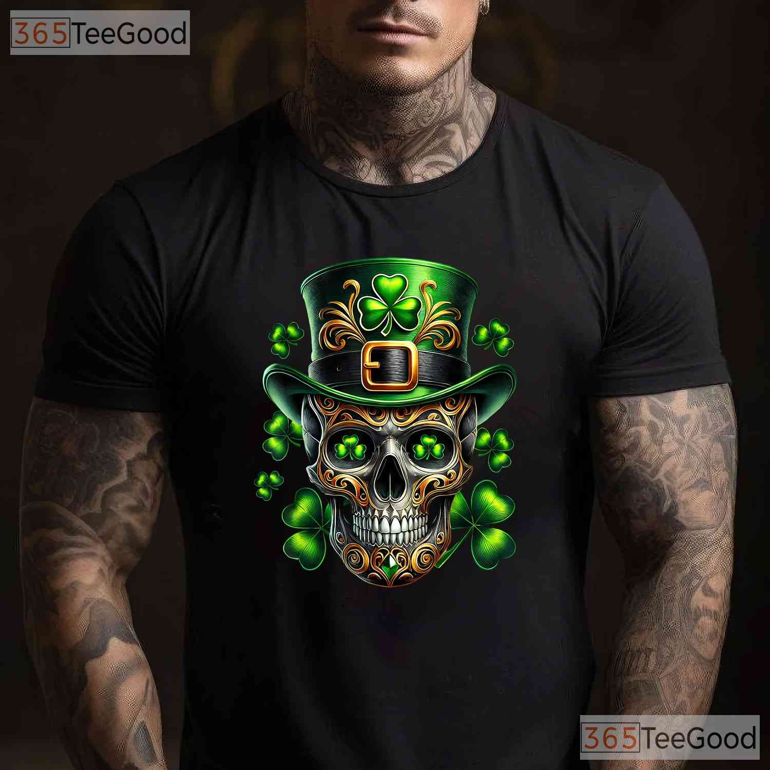 Irish Skull Shamrock Leprechaun St Patricks Day T-Shirt Edgy Men Biker Tee