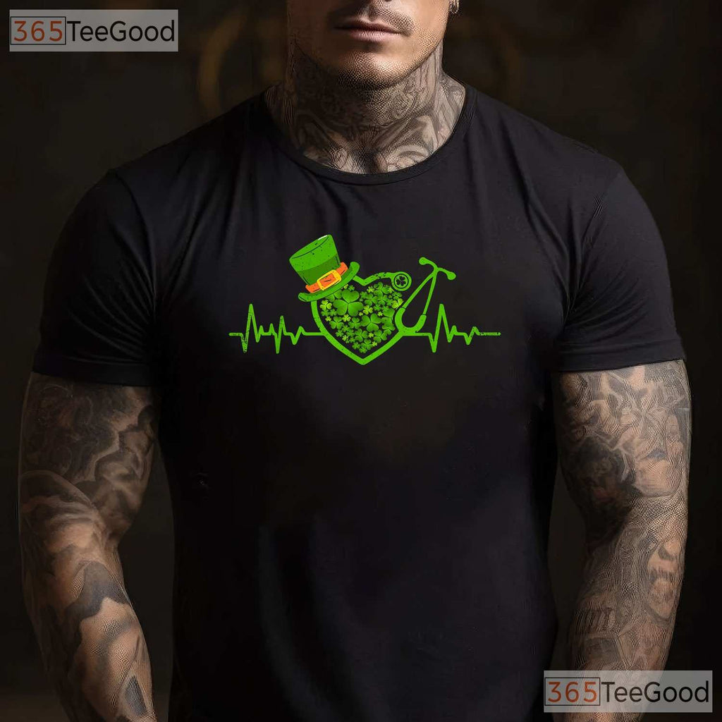 Heartbeat Stethoscope Shamrock St Patricks Day T-Shirt Irish Nurse Life Tee