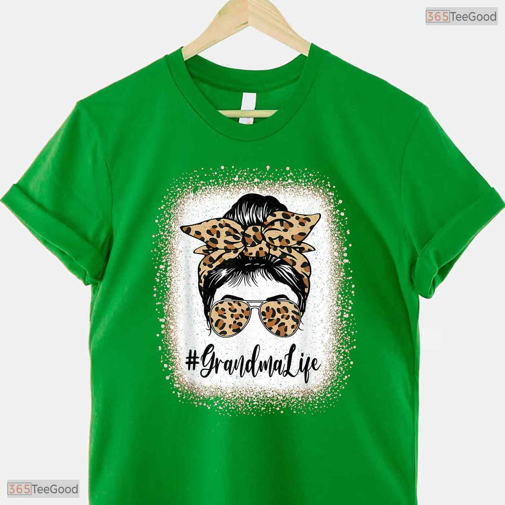 Grandma Life Leopard Messy Bun Grandma Mothers Day T-Shirt Gift For Women