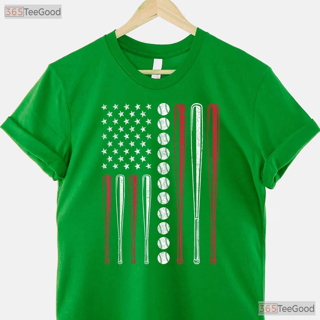Patriotic Baseball 4th Of July T-Shirt Men Boys USA American Flag Sport Tee