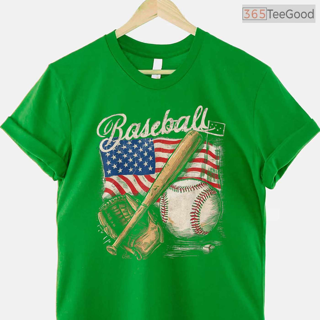 American Flag Baseball Player Bat Fan T-Shirt USA Catcher Pitcher Sport Tee