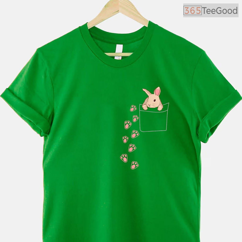 Easter Cute Bunny In Pocket T-Shirt Rabbit Footprints Faux Pocket Gift Shirt