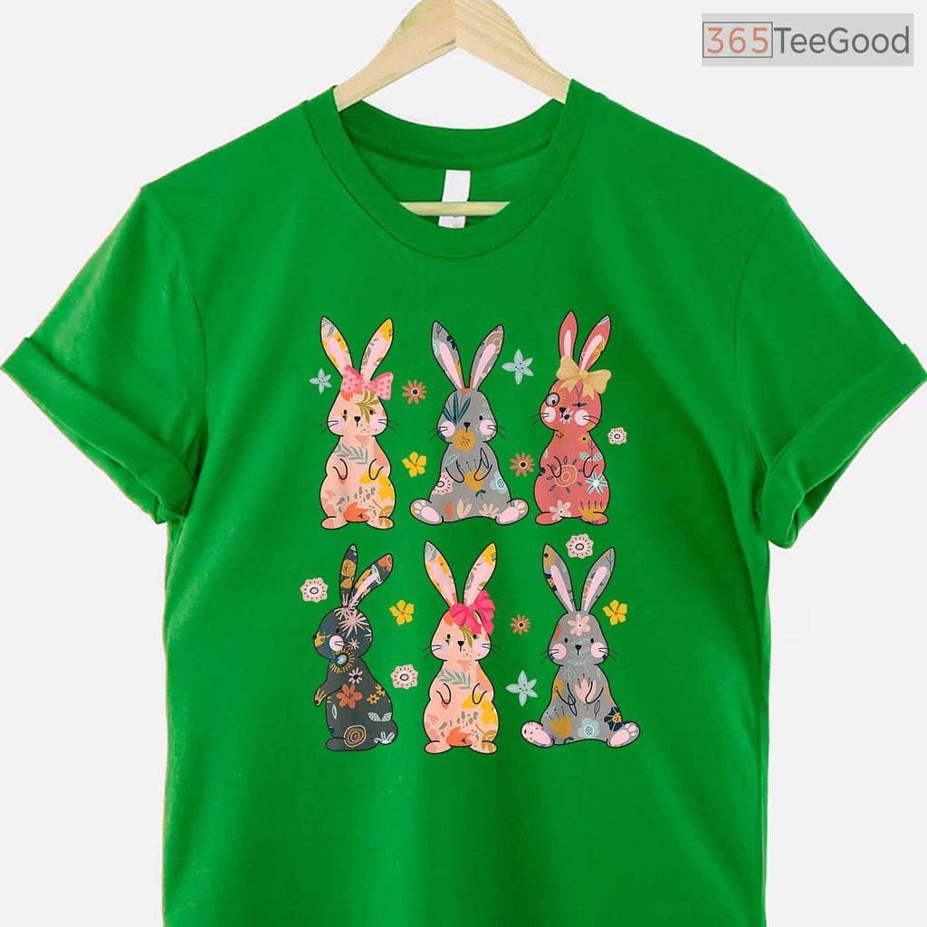 Vintage Retro Bunny Floral T-Shirt Flower Rabbit Easter Day Cute Womens Shirt