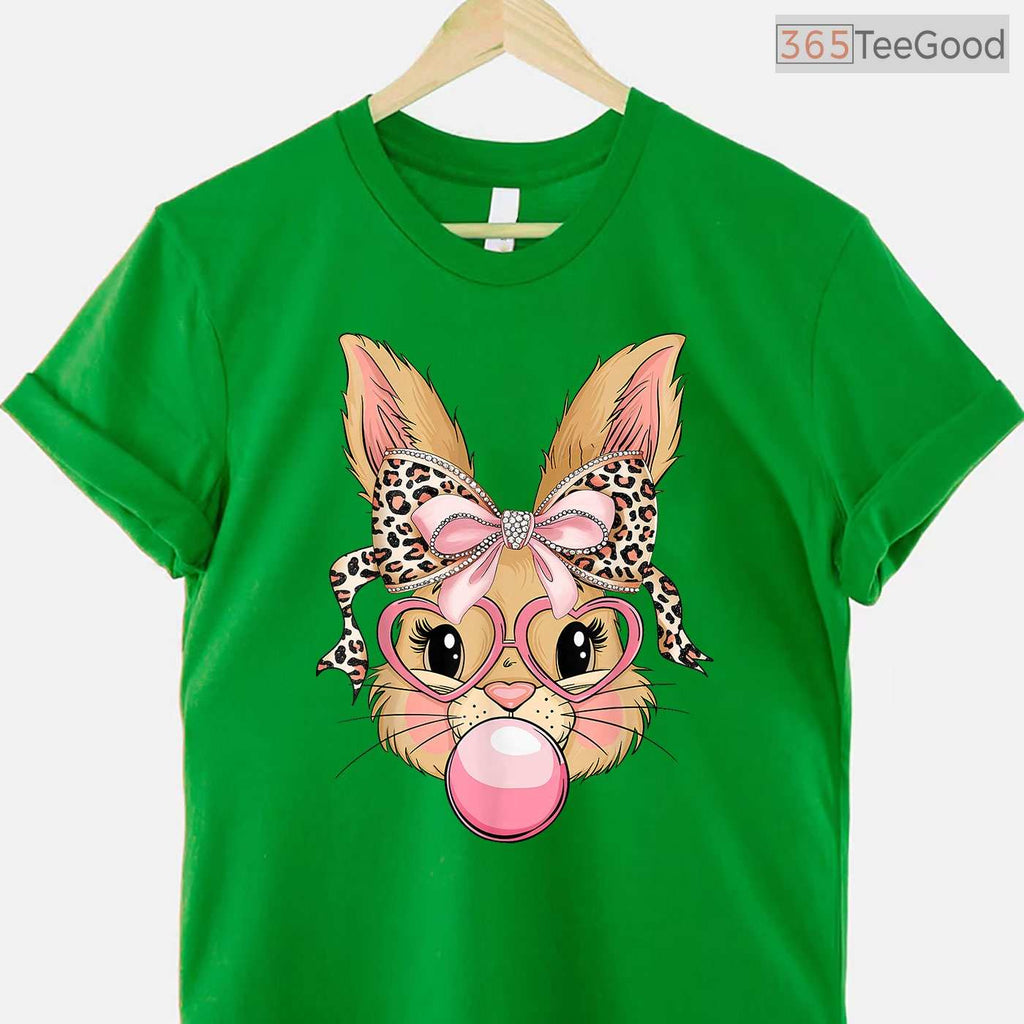 Cute Bunny Rabbit Face Leopard Glasses T-Shirt Girl Happy Easter Trendy Shirt