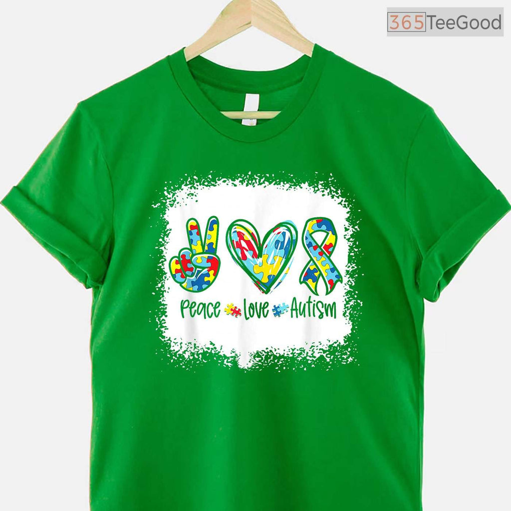 Peace Love Autism Puzzle Ribbon Bleached Shirt April Awareness Women T-Shirt