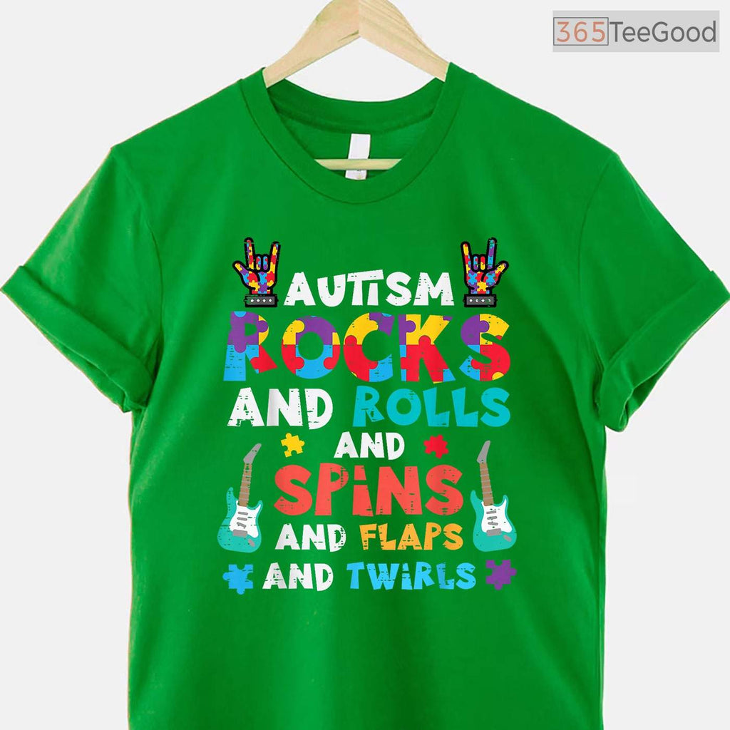 Autism Rocks Rolls Spins Flaps Awareness Shirt April Boys Kids Women Men T-Shirt