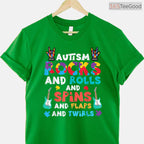Autism Rocks Rolls Spins Flaps Awareness Shirt April Boys Kids Women Men T-Shirt