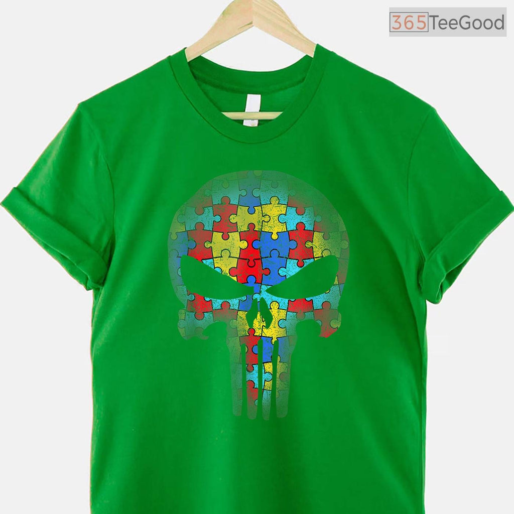 Skull Autism Awareness Puzzle Piece Mens Womens Shirt April Cool Edgy T-Shirt