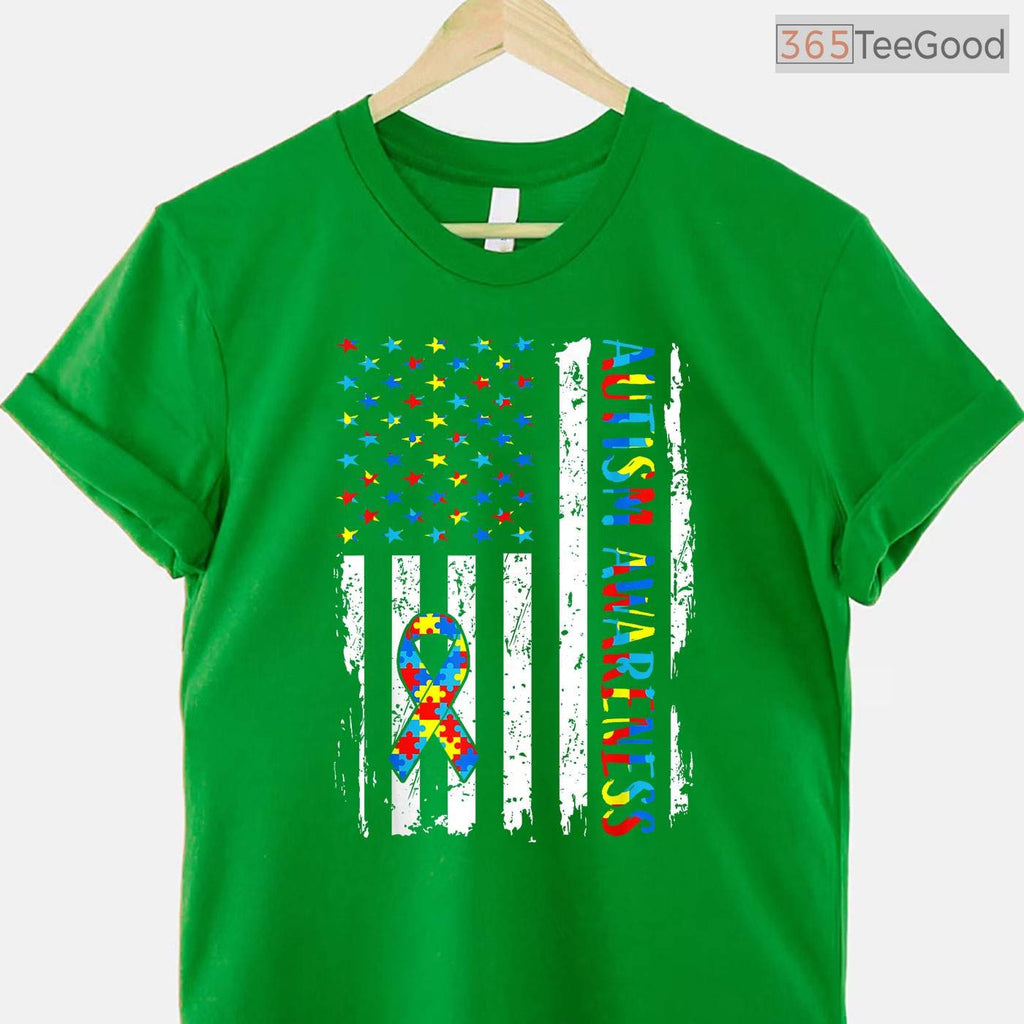 Autism Awareness Mom Dad USA Flag Autistic Shirt April Patriot Support T-Shirt