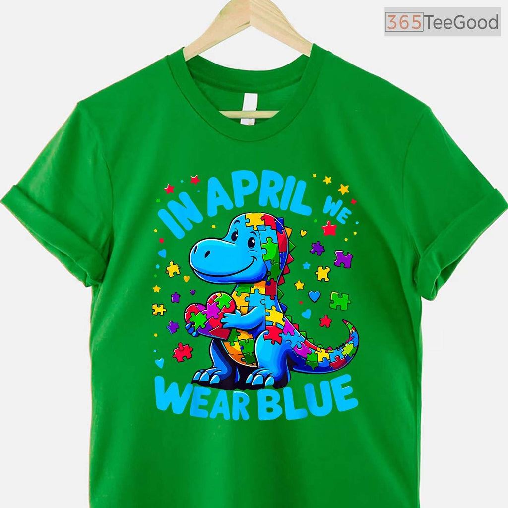 Autism Awareness In April We Wear Blue T Rex Dino Shirt Boys Kids T-Shirt