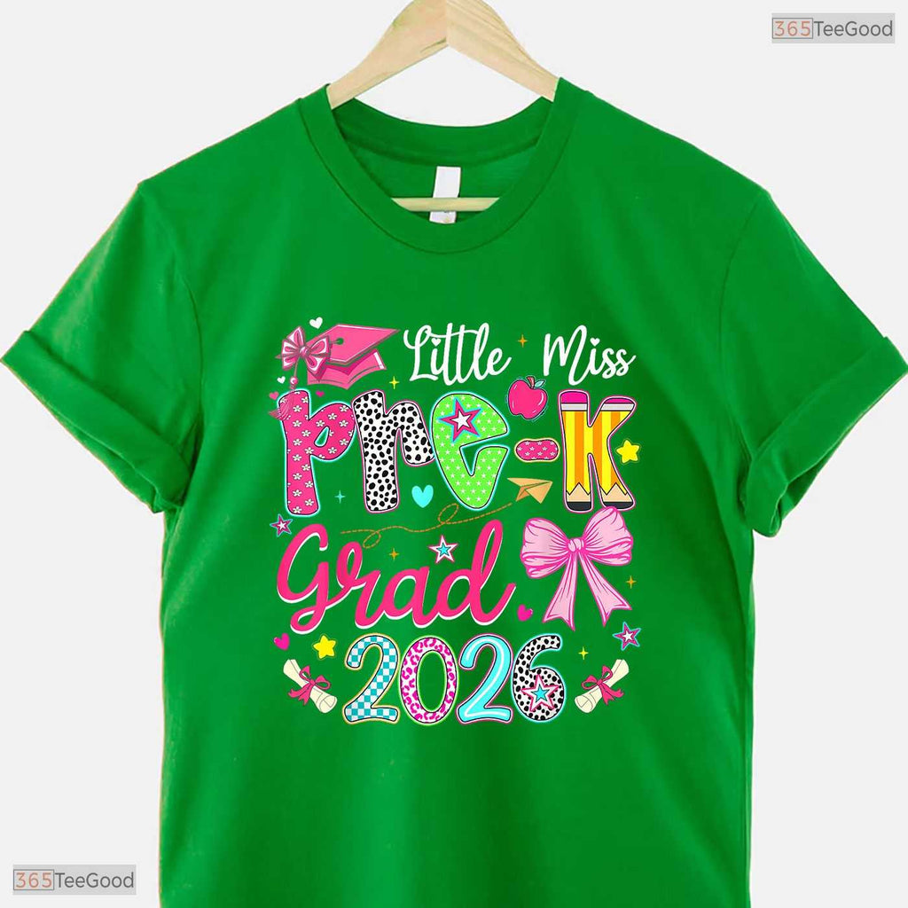 Cute Little Miss Pre-K Grad 2026 Preschool Graduation Ribbon Bow Girls Party T-Shirt