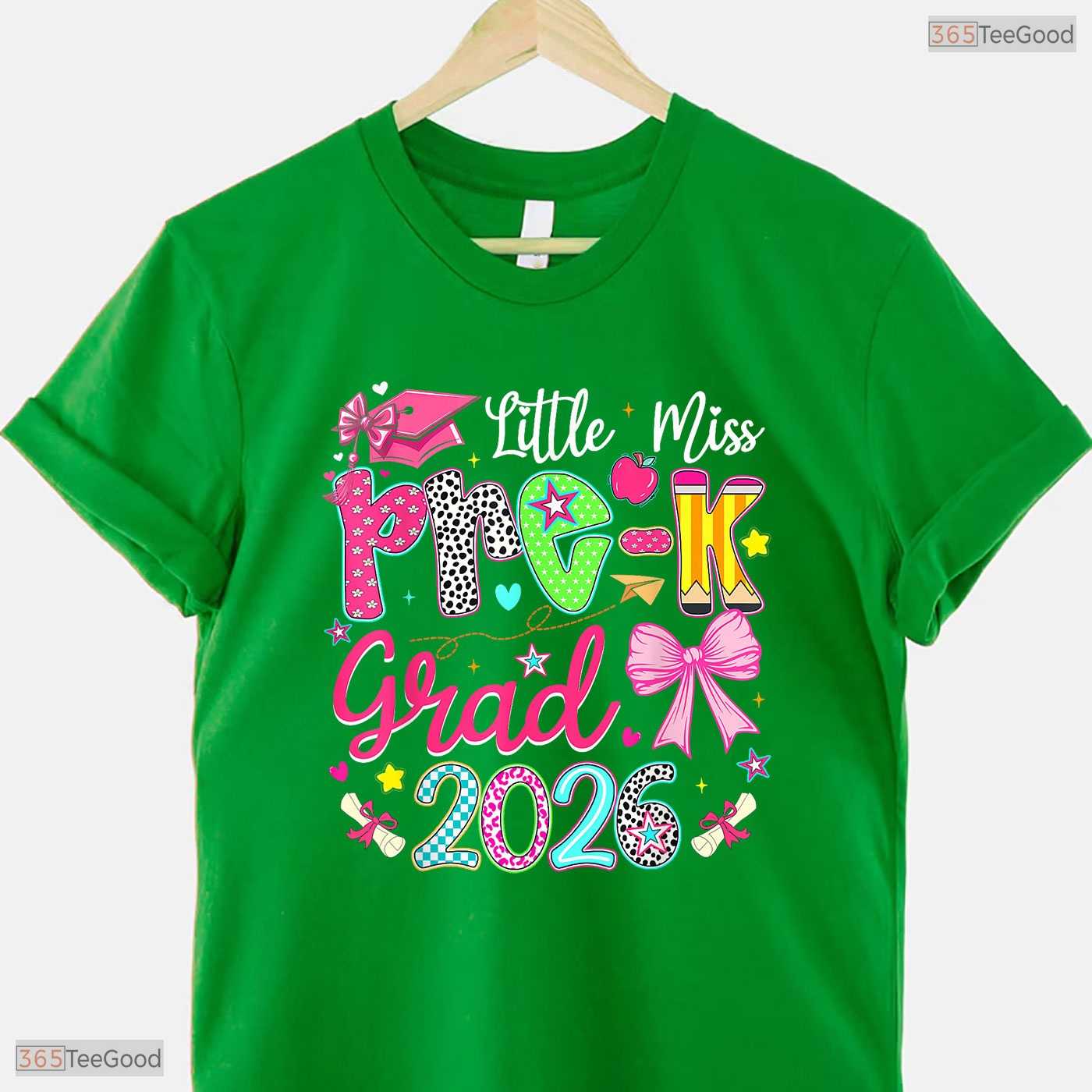 Cute Little Miss Pre-K Grad 2026 Preschool Graduation Ribbon Bow Girls Party T-Shirt