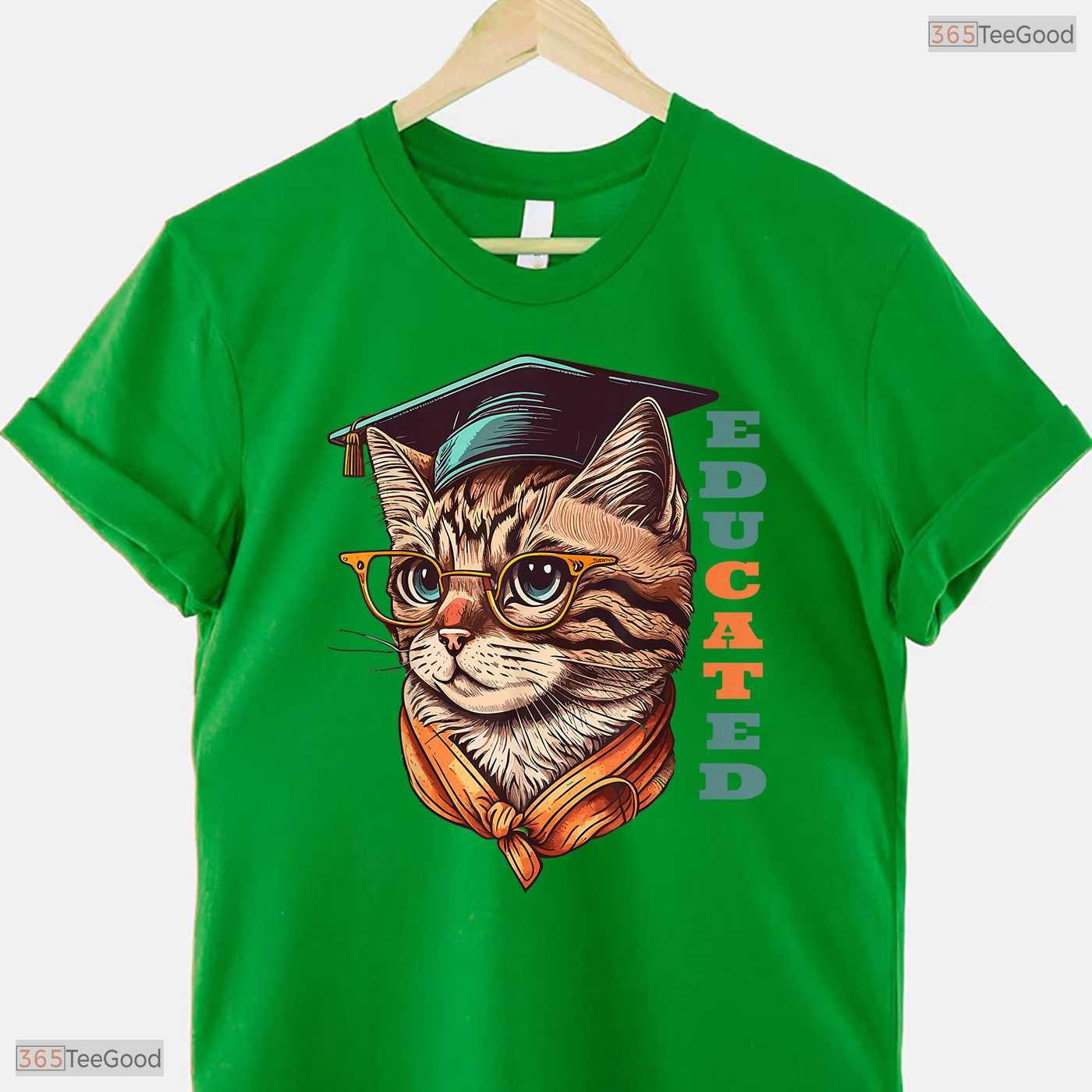 Funny Educated Cat In Graduation Cap Cute College Graduate Celebration Shirt