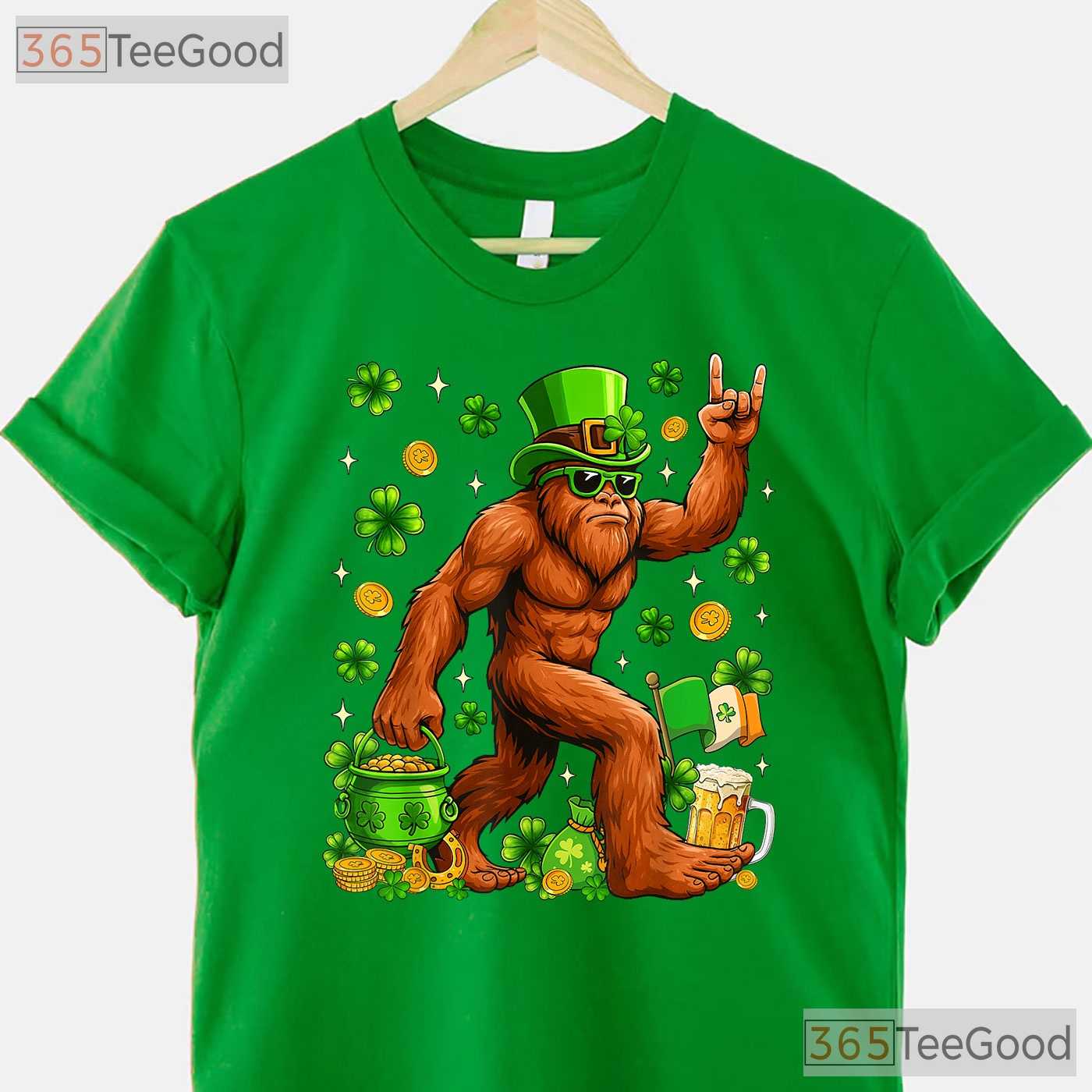Bigfoot Sasquatch Carrying Shamrock St Patricks Day T-Shirt Hide Seek Champ