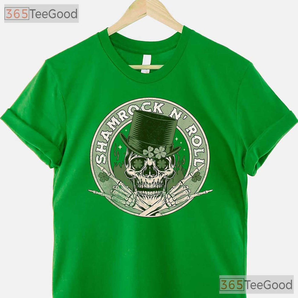 Shamrock And Roll Skull Rocker St Patricks Day T-Shirt Edgy Music Lover Tee