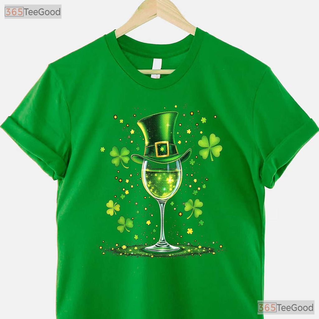 Irish Shamrock Wine Glass St Patricks Day T-Shirt Funny Drinking Women Tee