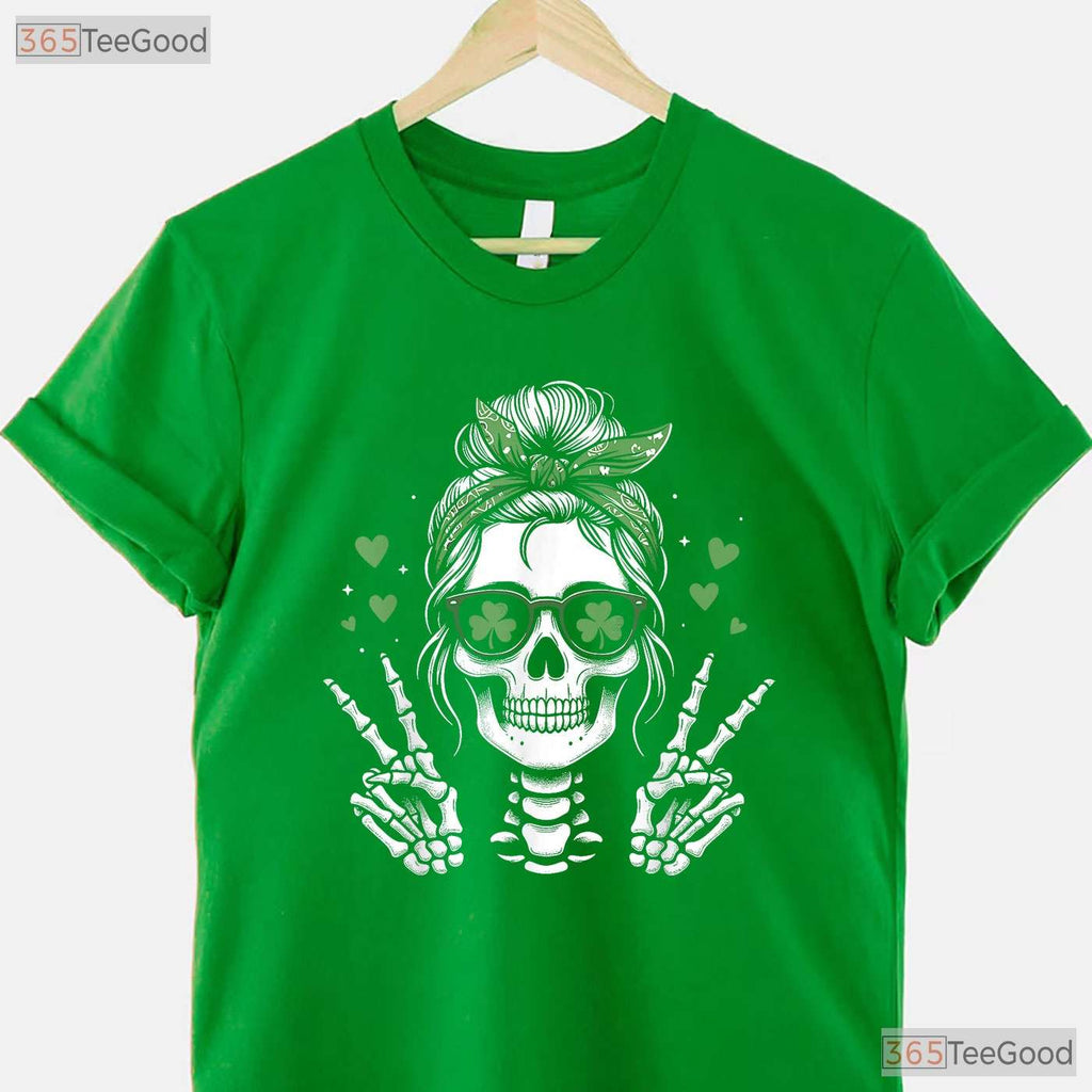 Skull Messy Bun Peace Sign St Patricks Day T-Shirt Edgy Women Irish Tee