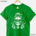 Skull Messy Bun Peace Sign St Patricks Day T-Shirt Edgy Women Irish Tee