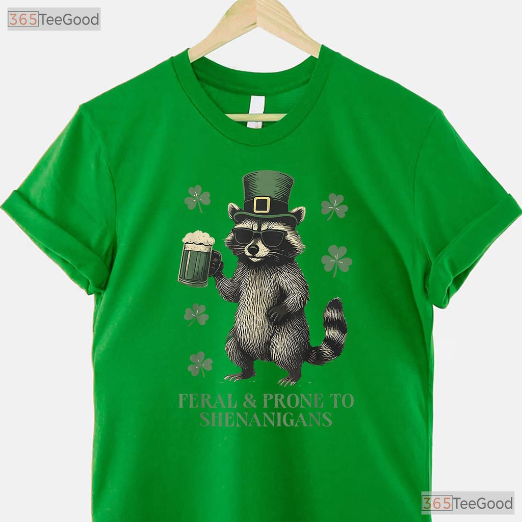 Feral And Prone To Shenanigans Raccoon St Patricks Day T-Shirt Trash Panda