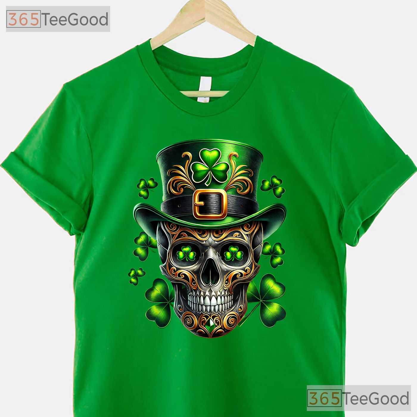 Irish Skull Shamrock Leprechaun St Patricks Day T-Shirt Edgy Men Biker Tee