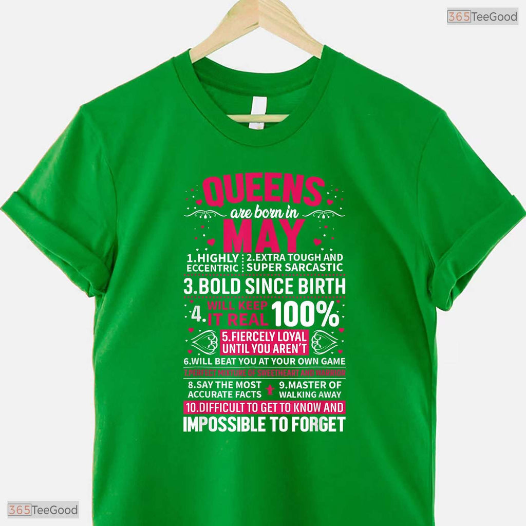Queens Are Born In May T-Shirt- Elegant Women's May Birthday Party Shirt Gift