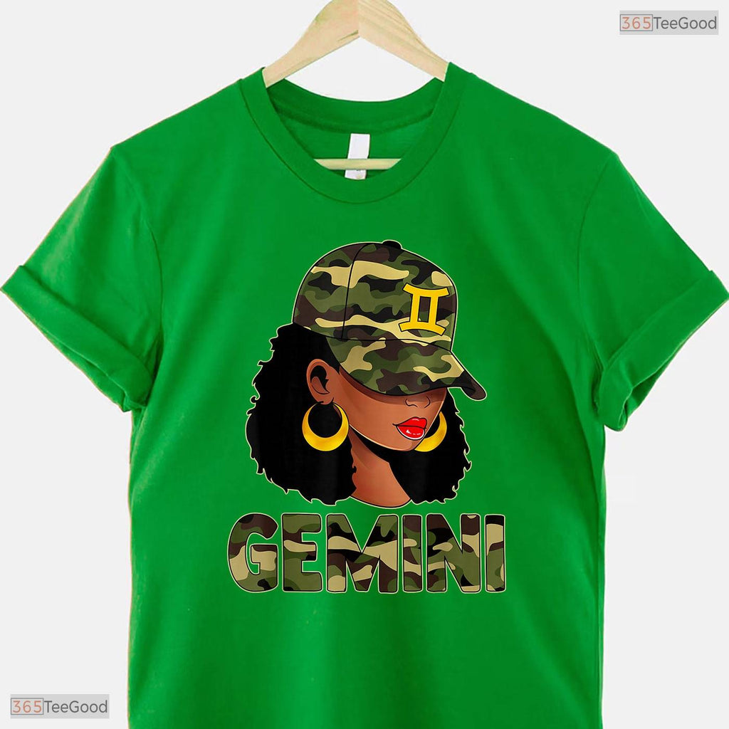 Black Gemini Queen Camouflage Zodiac Sign Born In May Birthday T-Shirt Gift