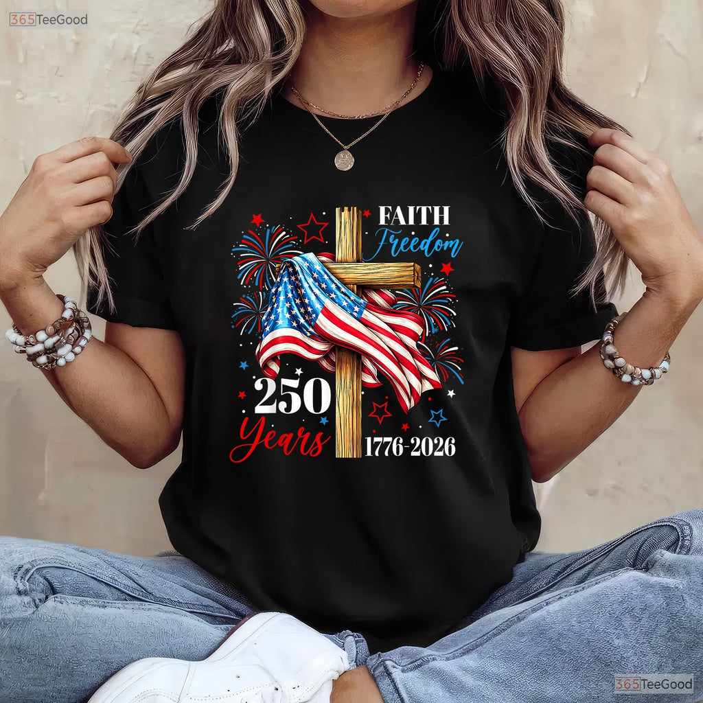 250 Years Faith Freedom USA Cross Valentine T-Shirt Offshore Fishing Apparel