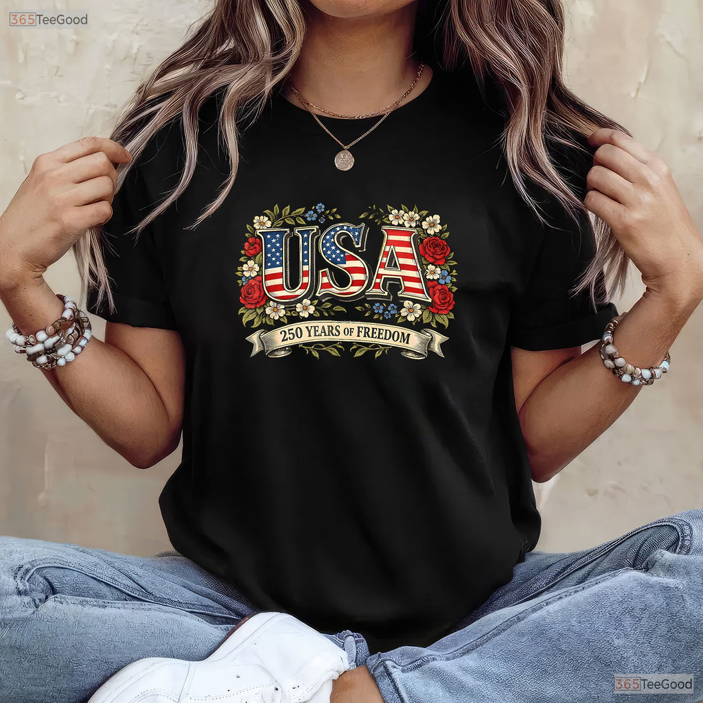 USA 250 Years Freedom Rose Vintage Valentine T-Shirt Crappie Fishing Shirts