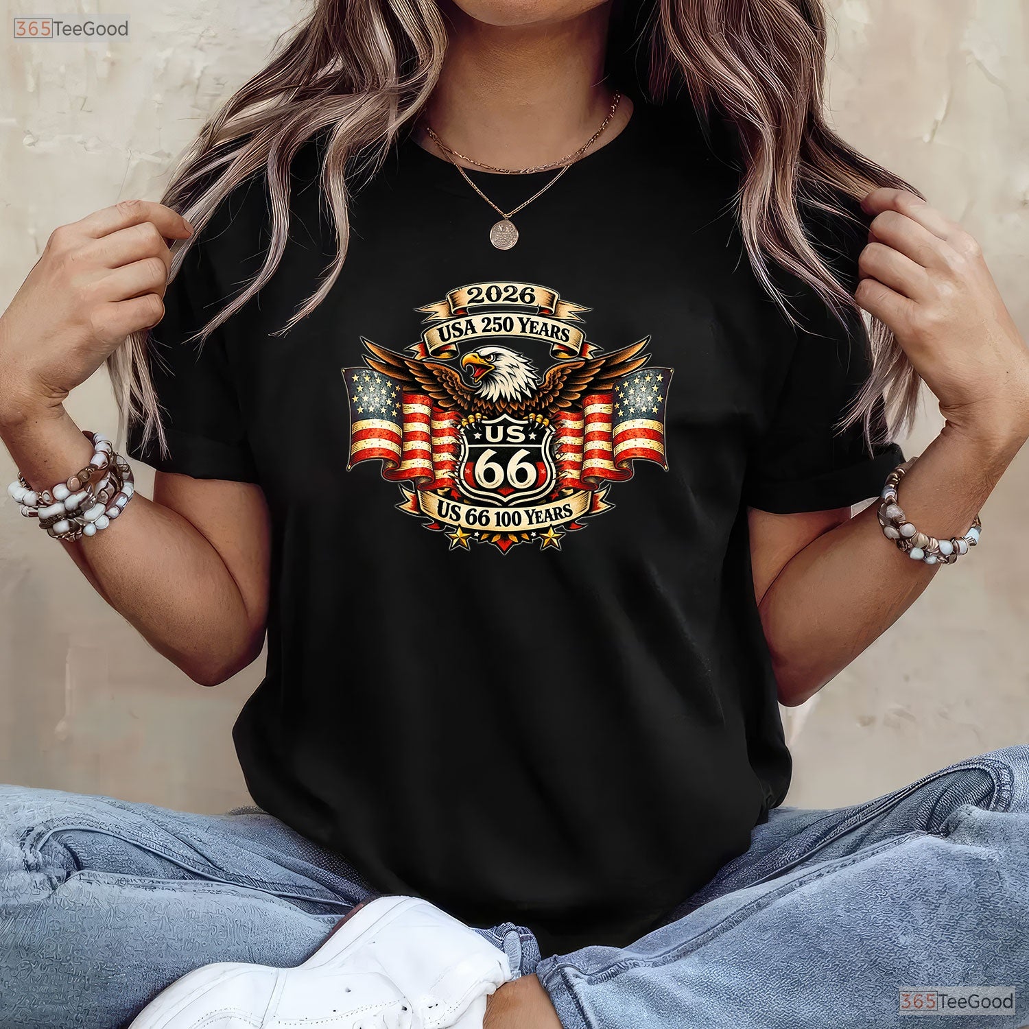 USA 250 Highway 66 Mother Road Eagle Valentine T-Shirt Lake Fishing Gear For Men