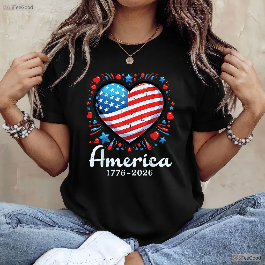 America US Flag Heart 250th Anniversary Valentine T-Shirt Surf Fishing Shirts Men