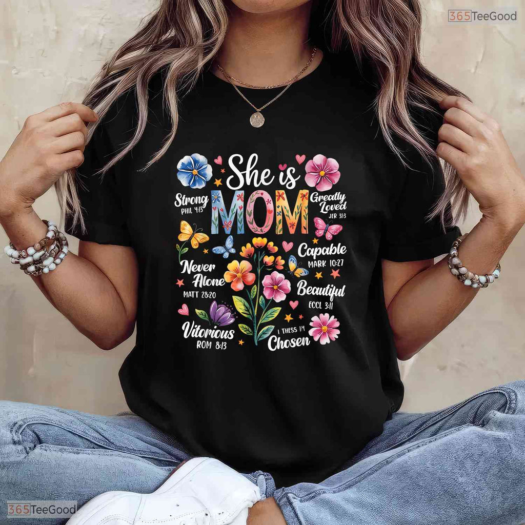 Christian Mothers Day T-Shirt She Is Mom Bible Verses Boho Floral Shirt Gift