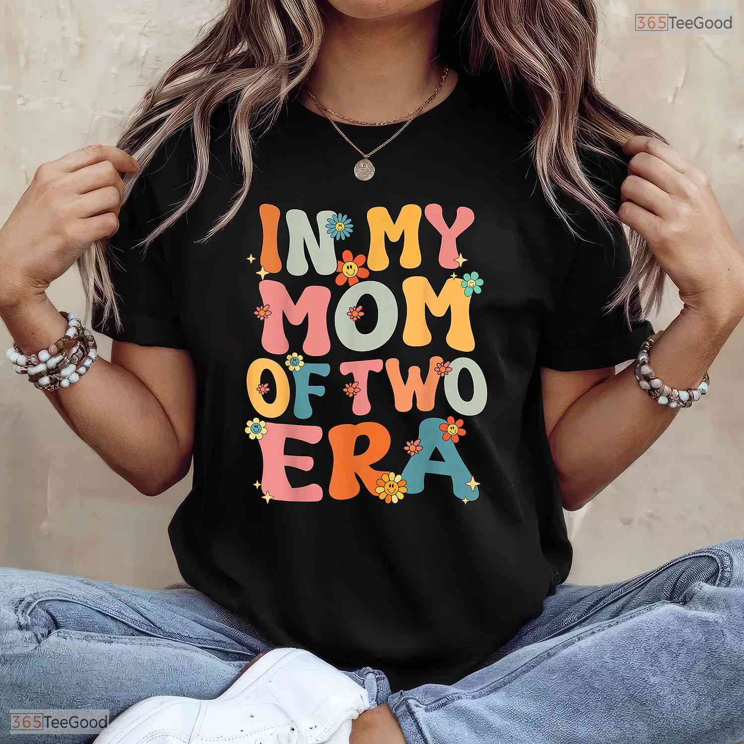 In My Mom Of Two Era Groovy Funny Mom Of Two Kid Mothers Day T-Shirt Present