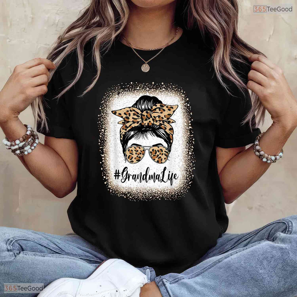 Grandma Life Leopard Messy Bun Grandma Mothers Day T-Shirt Gift For Women