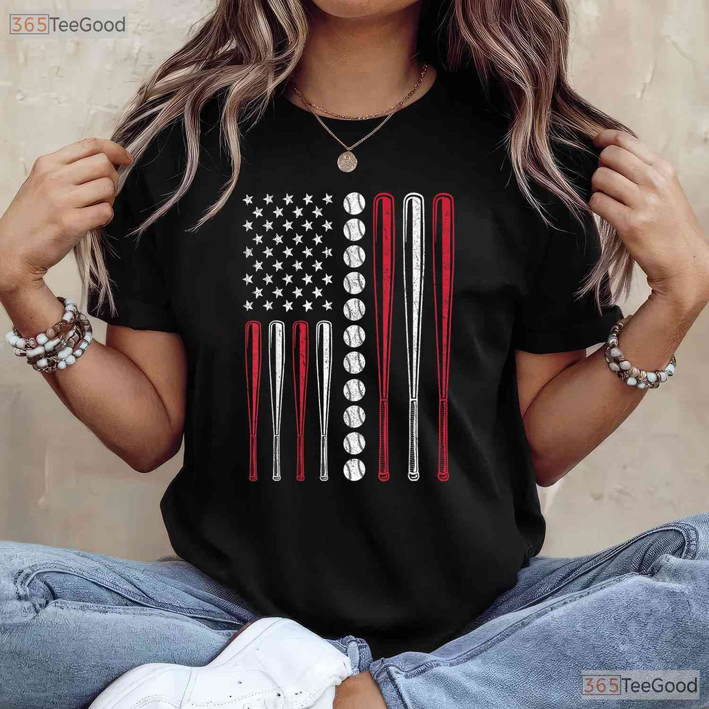 Patriotic Baseball 4th Of July T-Shirt Men Boys USA American Flag Sport Tee