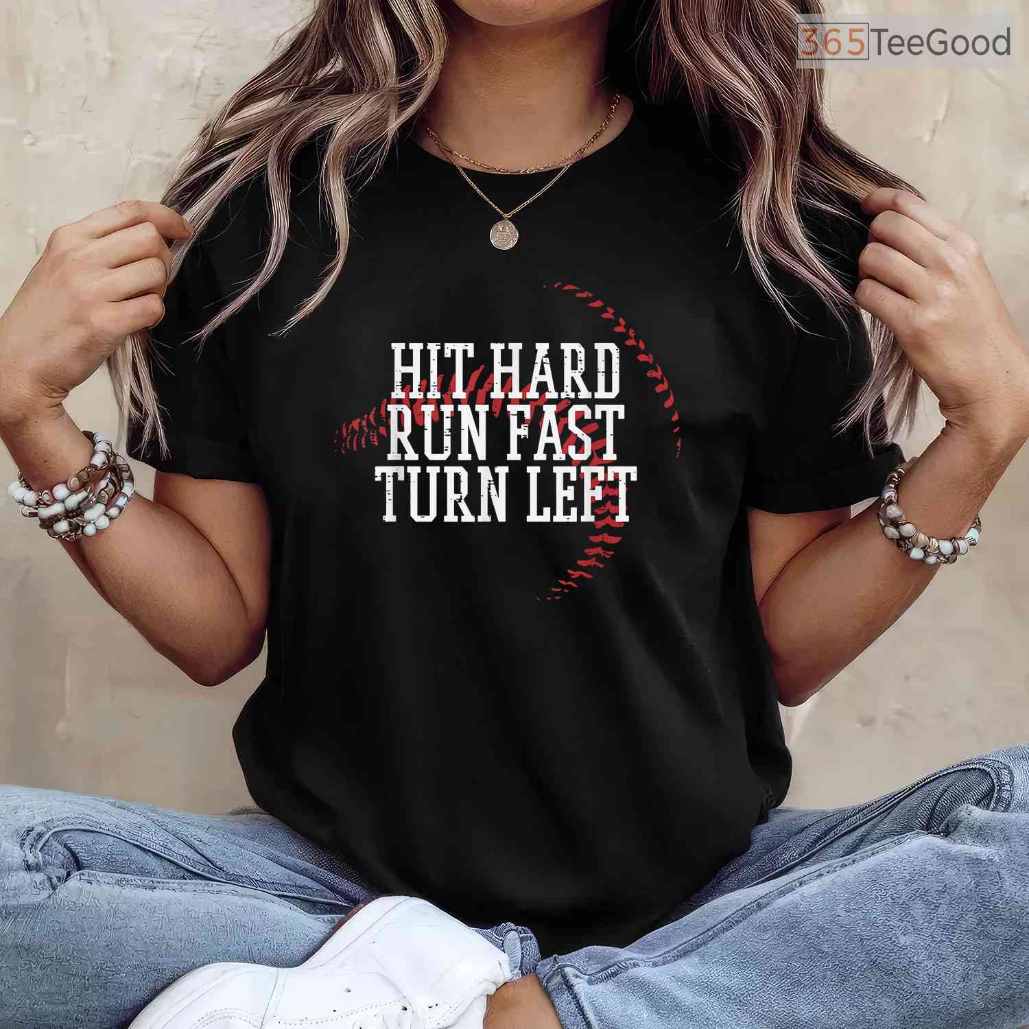 Baseball Hit Hard Run Fast Turn Left T-Shirt Men Boys Kid Teen Youth Apparel