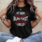 Hit Hard Run Fast Turn Left Funny Baseball Player T-Shirt Men Boys Sport Tee