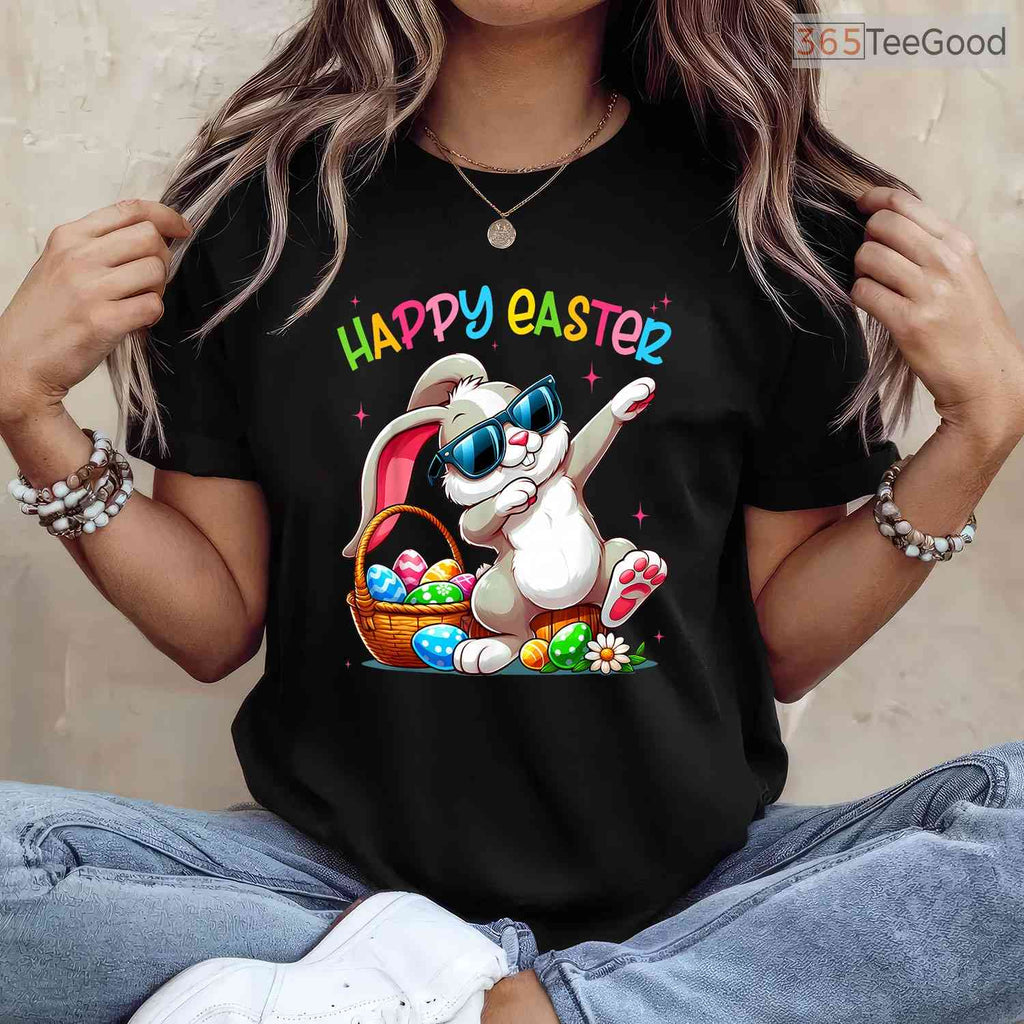 Funny Dabbing Bunny Happy Easter T-Shirt Cool Boys Girls Easter Day Dance Tee