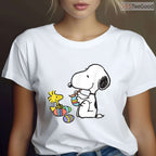 Peanuts Snoopy Woodstock Easter Egg Painting T-Shirt Cute Cartoon Holiday Tee