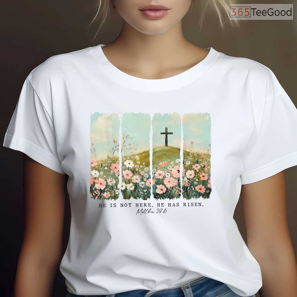He Is Risen Christian Wildflower Happy Easter T-Shirt Women Religious Faith Top