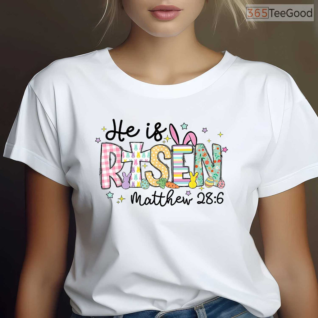 He Is Risen Jesus Christian Happy Easter T-Shirt Women Girls Faith Holiday Tee