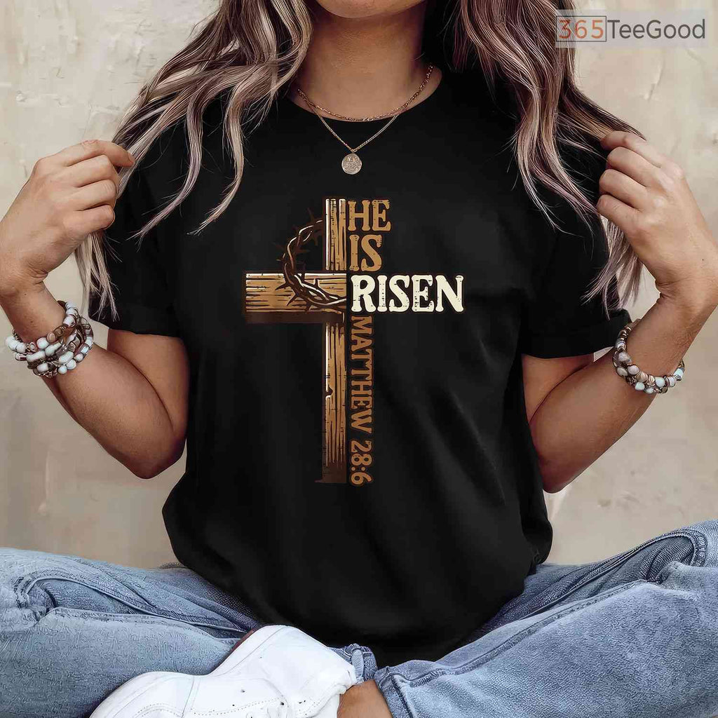 Easter Cross He Is Risen Jesus Christian T-Shirt Men Women Religious Faith Tee