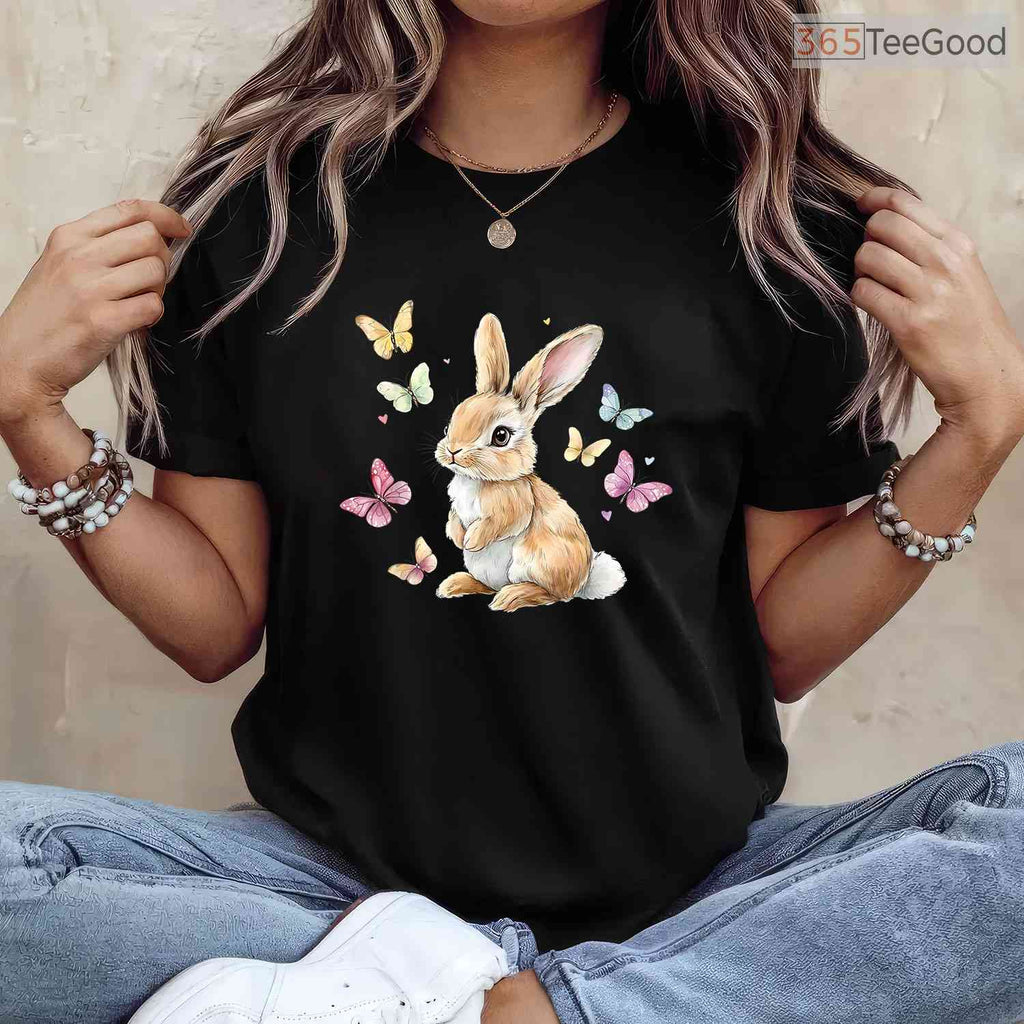 Cute Easter Bunny Rabbit Butterfly T-Shirt Happy Spring Animal Nature Lover Tee