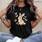 Cute Easter Bunny Rabbit Butterfly T-Shirt Happy Spring Animal Nature Lover Tee