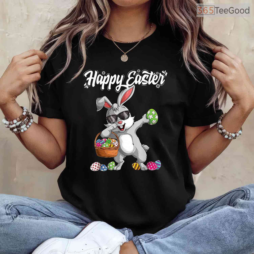 Dabbing Rabbit Easter Day Eggs Dab T-Shirt Boys Girls Kid Gift Funny Bunny Tee